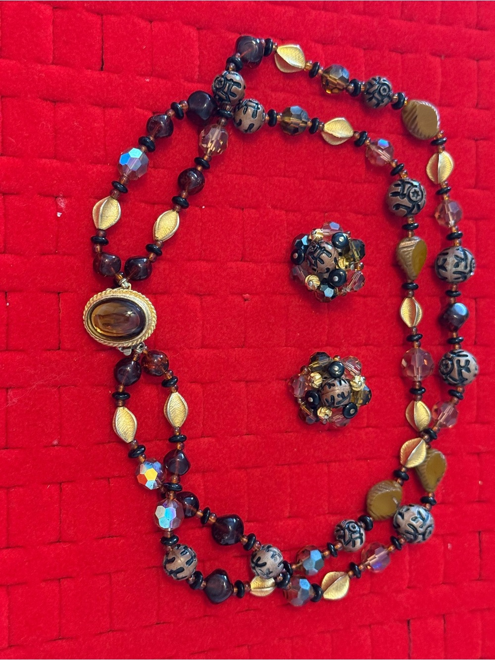Vintage Gold and Brown Beaded Necklace and Clip-On Earrings Set